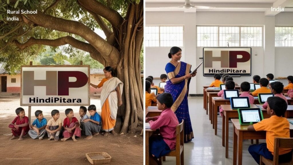 Comparison of Rural and Urban Education in India – A rural school with minimal resources versus a modern urban classroom with advanced technology Rural vs Urban