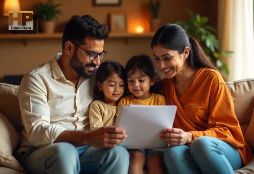 A happy Indian family sitting in their living room, discussing term life insurance टर्म लाइफ इंश्योरेंस. The father is using a laptop, the mother is holding a policy document, and the children are curiously observing in a warm and secure atmosphere, टर्म लाइफ इंश्योरेंस