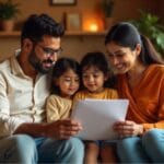 A happy Indian family sitting in their living room, discussing term life insurance टर्म लाइफ इंश्योरेंस. The father is using a laptop, the mother is holding a policy document, and the children are curiously observing in a warm and secure atmosphere, टर्म लाइफ इंश्योरेंस