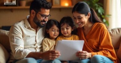 A happy Indian family sitting in their living room, discussing term life insurance टर्म लाइफ इंश्योरेंस. The father is using a laptop, the mother is holding a policy document, and the children are curiously observing in a warm and secure atmosphere, टर्म लाइफ इंश्योरेंस