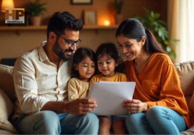 A happy Indian family sitting in their living room, discussing term life insurance टर्म लाइफ इंश्योरेंस. The father is using a laptop, the mother is holding a policy document, and the children are curiously observing in a warm and secure atmosphere, टर्म लाइफ इंश्योरेंस