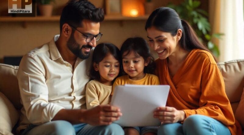 A happy Indian family sitting in their living room, discussing term life insurance टर्म लाइफ इंश्योरेंस. The father is using a laptop, the mother is holding a policy document, and the children are curiously observing in a warm and secure atmosphere, टर्म लाइफ इंश्योरेंस