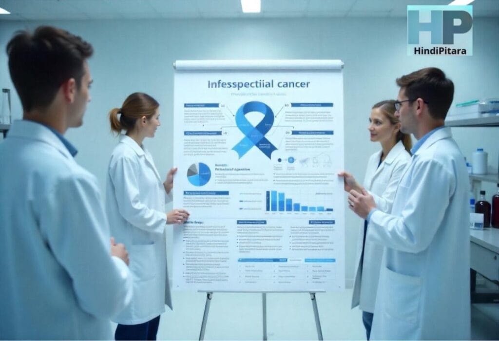 क्या है कैंसर? इसके मुख्य कारण और लक्षण विस्तार से समझें 2 Informative medical infographic in blue and white, explaining cancer types, causes, symptoms, and prevention with simple icons and illustrations.