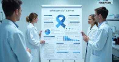 Informative medical infographic in blue and white, explaining cancer types, causes, symptoms, and prevention with simple icons and illustrations.