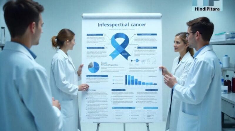 Informative medical infographic in blue and white, explaining cancer types, causes, symptoms, and prevention with simple icons and illustrations.