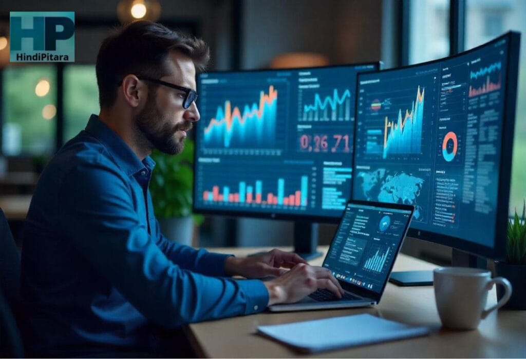 A professional data analyst working with charts, graphs, and data visualizations on a computer screen