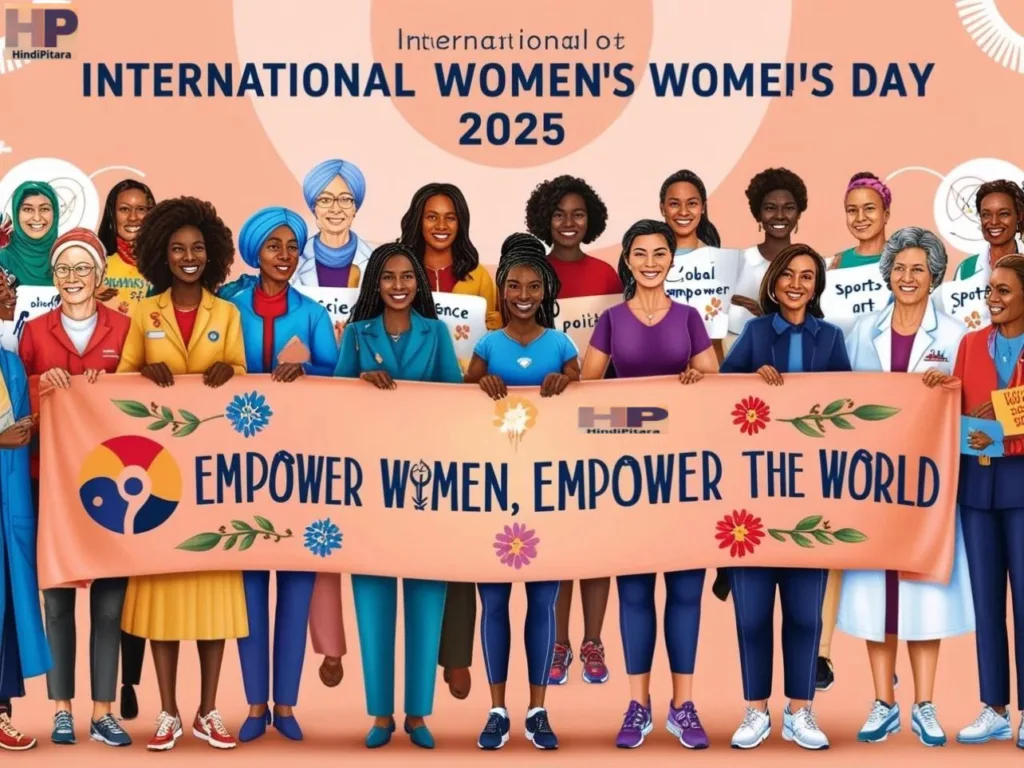 "Women from diverse backgrounds celebrating Women's Day 2025, standing united with a banner reading 'Empower Women, Empower the World,' symbolizing gender equality, strength, and unity महिला दिवस