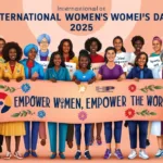 "Women from diverse backgrounds celebrating Women's Day 2025, standing united with a banner reading 'Empower Women, Empower the World,' symbolizing gender equality, strength, and unity महिला दिवस