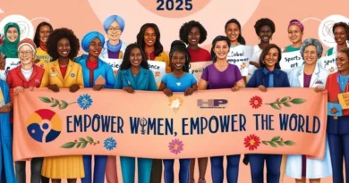 "Women from diverse backgrounds celebrating Women's Day 2025, standing united with a banner reading 'Empower Women, Empower the World,' symbolizing gender equality, strength, and unity महिला दिवस