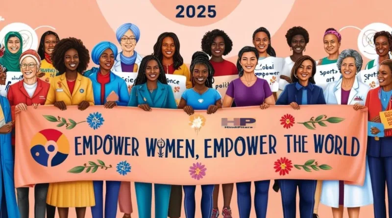 "Women from diverse backgrounds celebrating Women's Day 2025, standing united with a banner reading 'Empower Women, Empower the World,' symbolizing gender equality, strength, and unity महिला दिवस