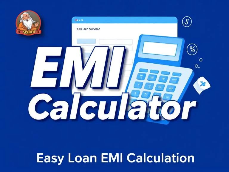 EMI Calculator – Easy Loan EMI Calculation with bold text and digital calculator elements, featuring financial icons.